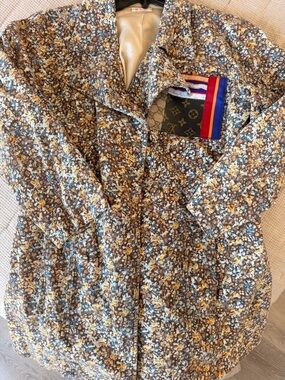 Custom Floral Quilted Jacket in Brown, Blue, Yellow with Gucci LV and Madonna